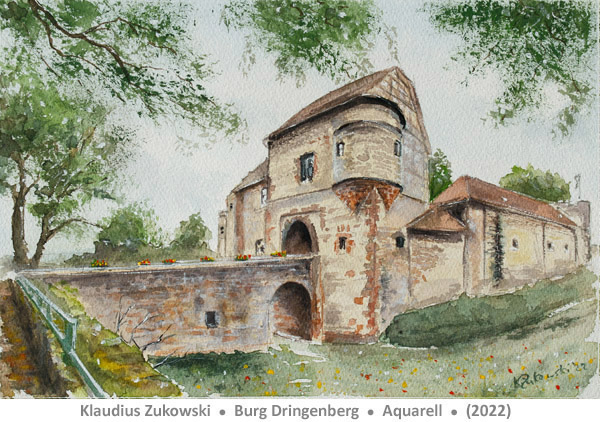 Burg Dringenberg (Aquarell) von Klaudius Zukowski - Eine mittelalterliche Burg in Dringenberg im Kreis Höxter, Nordrhein-Westfalen - Lust auf Kunst - Bad Driburg - Dringenberg