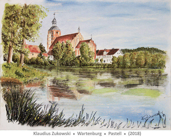 Klaudius Zukowski Bilder Pastell auf Papier Kunst Bild Kirche Turm See Malerei Häuser Spiegelung Kirchenturm Bäume Grün Blau