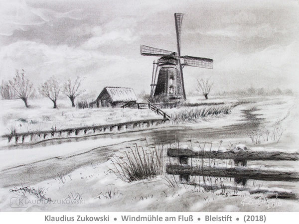 Winterlandschaft Windmühle am Fluß (Bleistift) von Klaudius Zukowski - Lust auf Kunst - Zeichnen lernen - Bad Driburg - Dringenberg